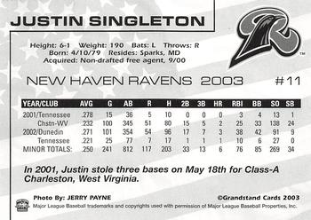2003 Grandstand New Haven Ravens #NNO Justin Singleton Back
