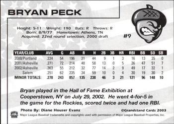 2003 Grandstand Visalia Oaks #9 Bryan Peck Back