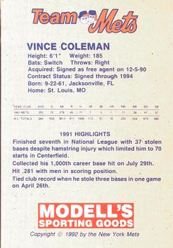 1992 New York Mets Team Mets Club #NNO Vince Coleman Back