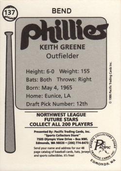 1986 Cramer Bend Phillies #137 Keith Greene Back