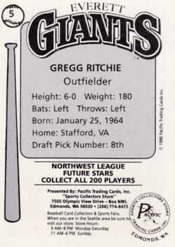 1986 Cramer Everett Giants #5 Gregg Ritchie Back