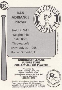 1986 Cramer Tri-Cities Triplets #190 Dan Adriance Back