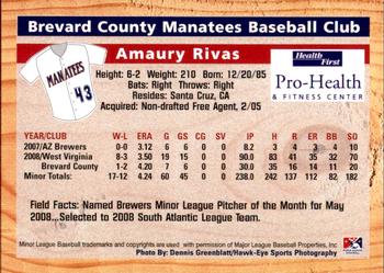 2009 Grandstand Brevard County Manatees #NNO Amaury Rivas Back
