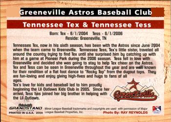 2009 Grandstand Greeneville Astros #NNO Tennessee Tex / Tennessee Tess Back