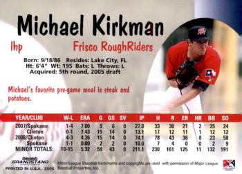 2009 Grandstand Frisco RoughRiders #NNO Michael Kirkman Back