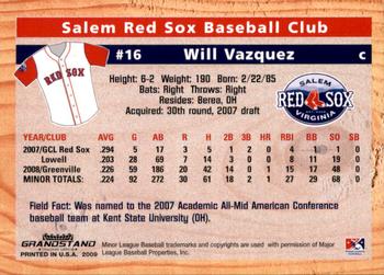 2009 Grandstand Salem Red Sox #NNO Will Vazquez Back