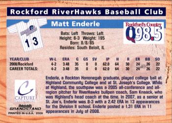 2009 Grandstand Rockford RiverHawks #NNO Matt Enderle Back