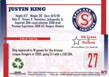 2009 Grandstand Spokane Indians #NNO Justin King Back