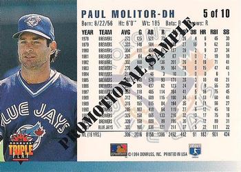 1994 Triple Play - Promotional Samples #5 Paul Molitor Back