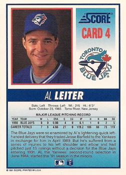 1991 Score Toronto Blue Jays #4 Al Leiter Back
