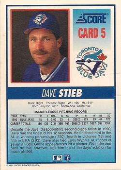 1991 Score Toronto Blue Jays #5 Dave Stieb Back