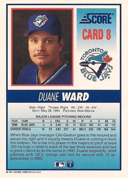 1991 Score Toronto Blue Jays #8 Duane Ward Back