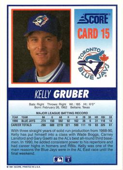 1991 Score Toronto Blue Jays #15 Kelly Gruber Back