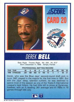 1991 Score Toronto Blue Jays #20 Derek Bell Back