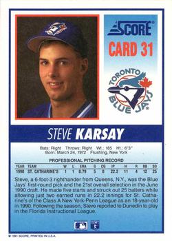1991 Score Toronto Blue Jays #31 Steve Karsay Back