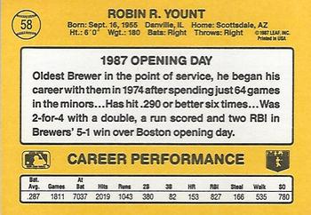 1987 Donruss Opening Day #58 Robin Yount Back