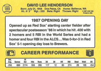 1987 Donruss Opening Day #189 Dave Henderson Back