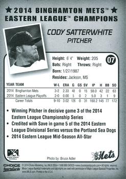 2014 Choice Binghamton Mets Eastern League Champions #7 Cody Satterwhite Back