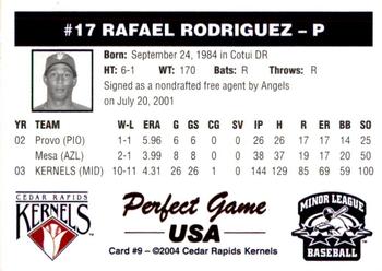 2004 Perfect Game Cedar Rapids Kernels #9 Rafael Rodriguez Back