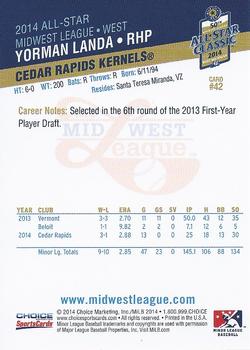 2014 Choice Midwest League All-Star #42 Yorman Landa Back