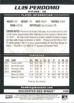 2013 Choice Rochester Red Wings #20 Luis Perdomo Back