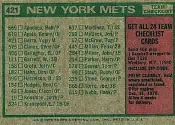 1975 Topps - Team Checklists Gray Back #421 New York Mets / Yogi Berra Back