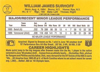 1987 Donruss The Rookies #17 B.J. Surhoff Back
