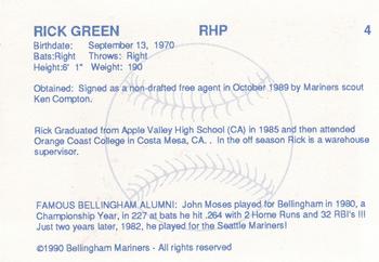 1990 Bellingham Mariners #4 Rick Green Back