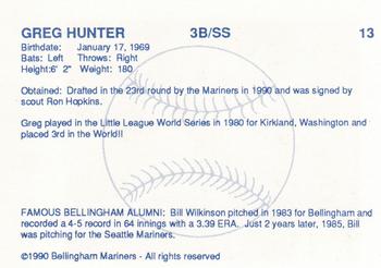 1990 Bellingham Mariners #13 Greg Hunter Back