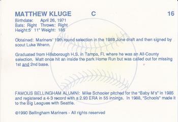 1990 Bellingham Mariners #16 Matt Kluge Back
