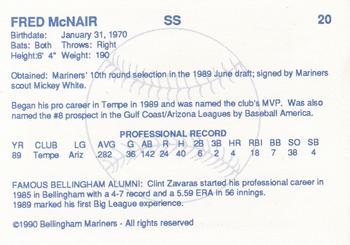 1990 Bellingham Mariners #20 Fred McNair Back