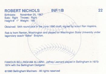 1990 Bellingham Mariners #22 Robert Nichols Back