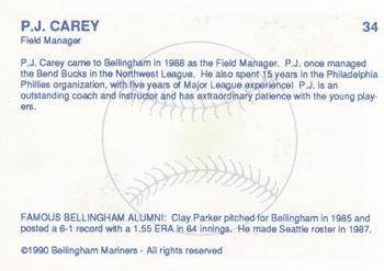 1990 Bellingham Mariners #34 P.J. Carey Back