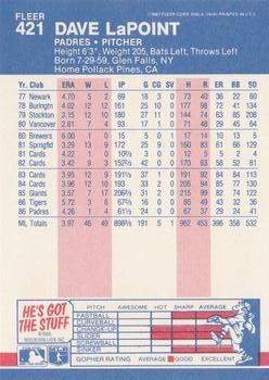 1987 Fleer #421 Dave LaPoint Back