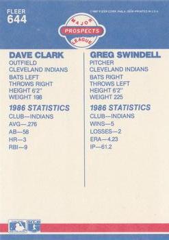 1987 Fleer #644 Dave Clark / Greg Swindell Back
