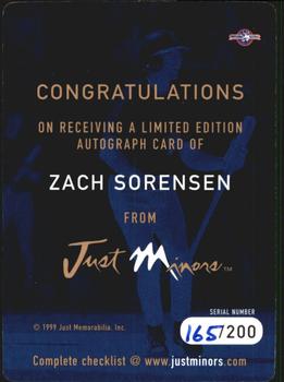 1999 Just - Autographs Die Cuts #NNO Zach Sorensen Back