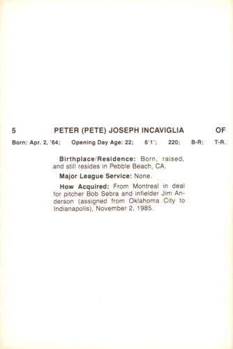 1986 Miller Lite Texas Rangers #NNO Pete Incaviglia Back