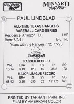 1993 Keebler Texas Rangers #24 Paul Lindblad Back