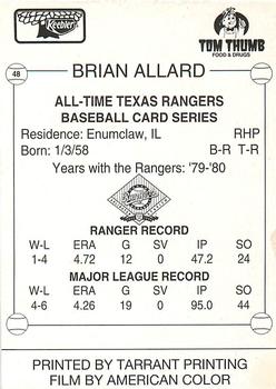 1993 Keebler Texas Rangers #48 Brian Allard Back