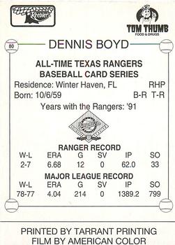 1993 Keebler Texas Rangers #80 Dennis Boyd Back