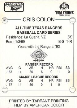 1993 Keebler Texas Rangers #107 Cris Colon Back