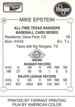 1993 Keebler Texas Rangers #136 Mike Epstein Back