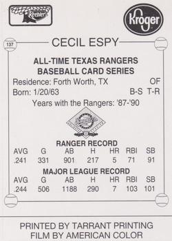 1993 Keebler Texas Rangers #137 Cecil Espy Back