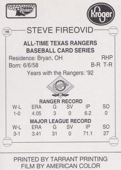 1993 Keebler Texas Rangers #146 Steve Fireovid Back