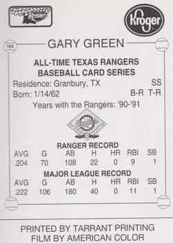 1993 Keebler Texas Rangers #164 Gary Green Back