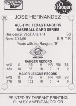 1993 Keebler Texas Rangers #183 Jose Hernandez Back