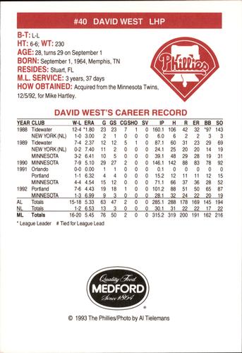 1993 Medford Philadelphia Phillies Photocards #NNO David West Back