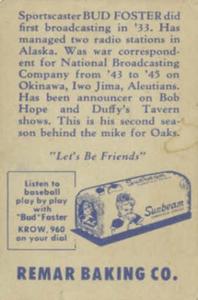 1947 Remar Bread Oakland Oaks #9 Bud Foster Back