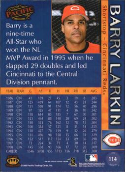1999 Pacific - Platinum Blue #114 Barry Larkin  Back