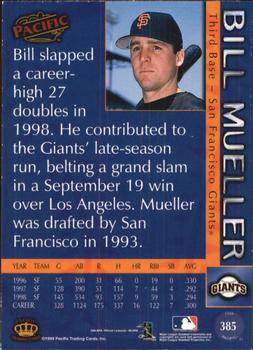 1999 Pacific - Platinum Blue #385 Bill Mueller  Back